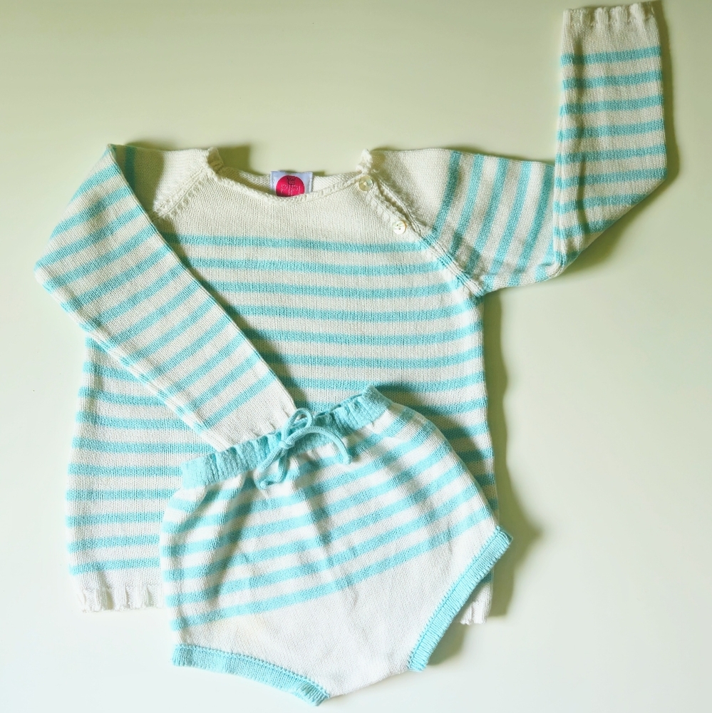 Vintage Baby Knitwear Set – Blue & White Striped Sweater And Bloomer